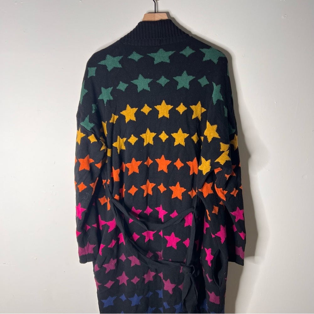 Modcloth Stars Duster Black Rainbow Long Cardigan Belted Stardom Retro XL Rare - Picture 6 of 7